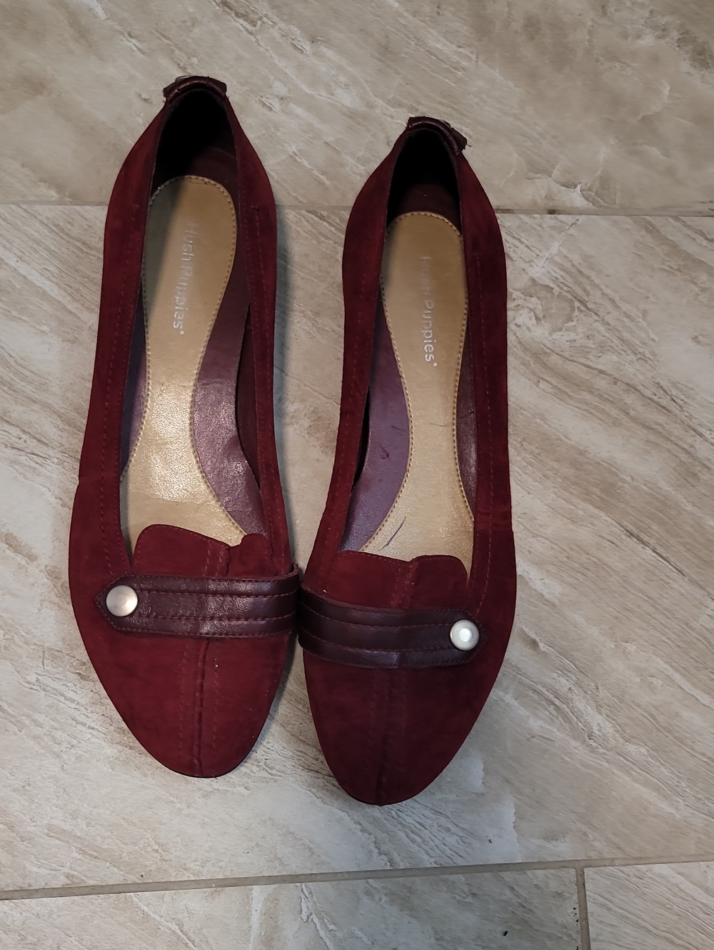Hush Puppies Wine Suede Flats with Decorative Strap and Pearl Button
